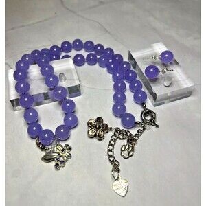 Lavender Jade Bead, Iolite Pendant Necklace & Earring Set, Silver 925 (0130)